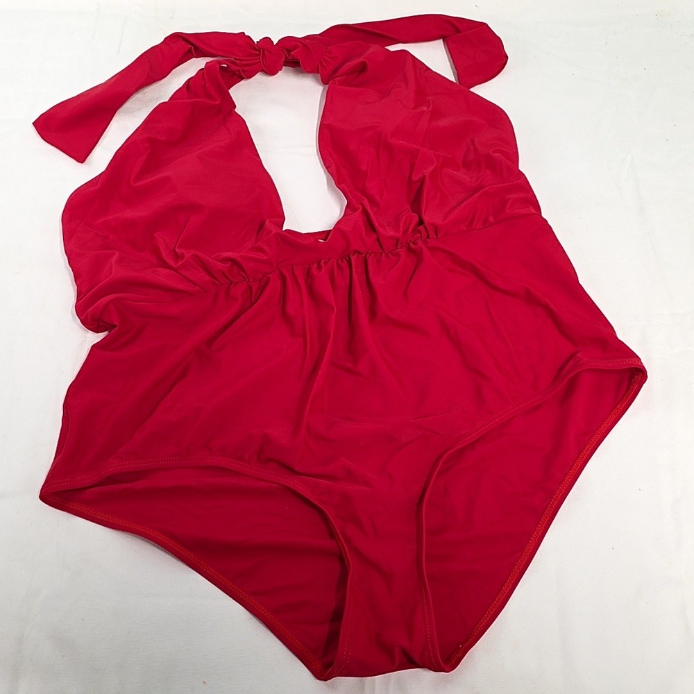 Chic Soul One Piece Swimsuit Womens 2X Red Halter Plunge Ruched Plus Size